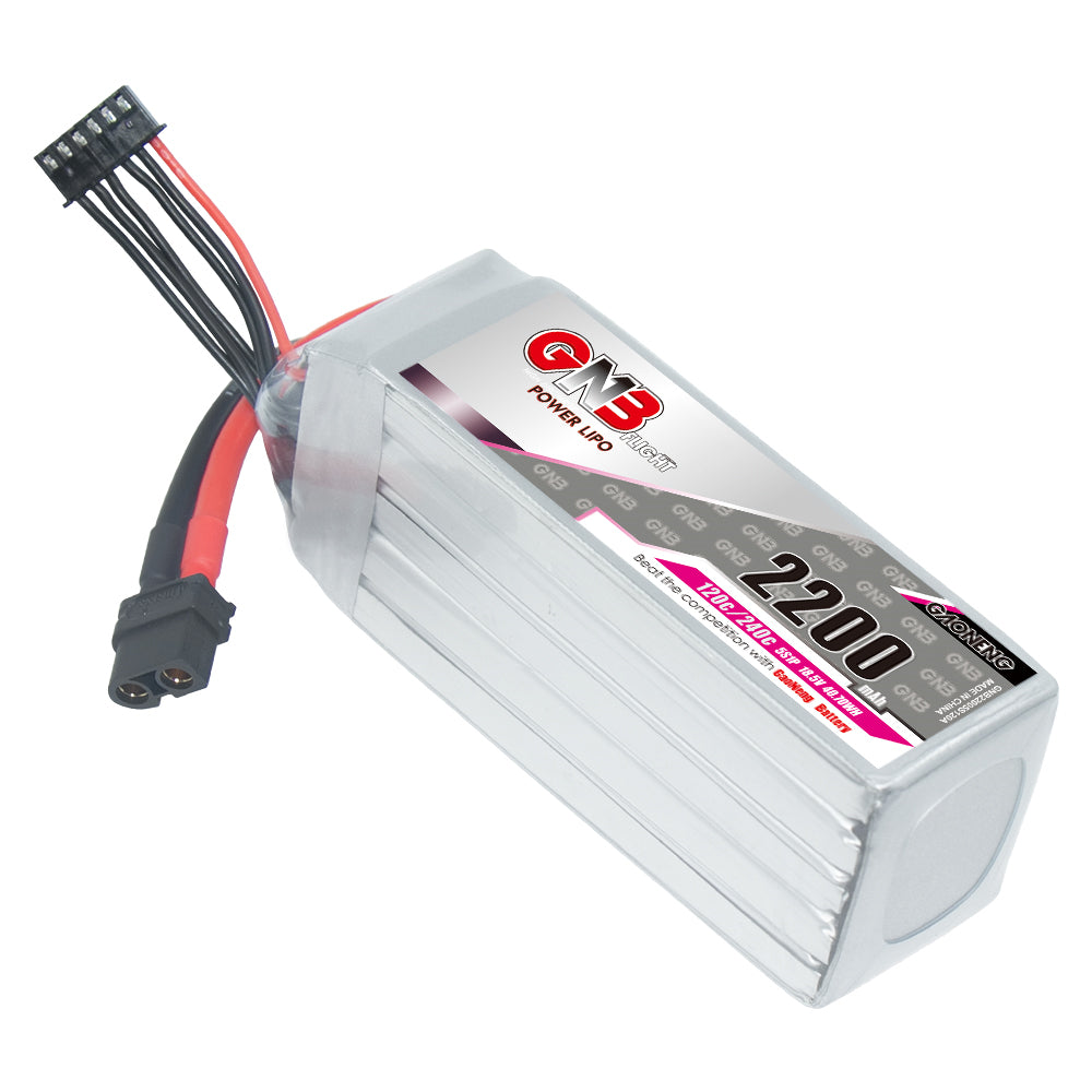 GAONENG GNB 5S 2200mAh battery angled top view with balance lead and XT60 plug