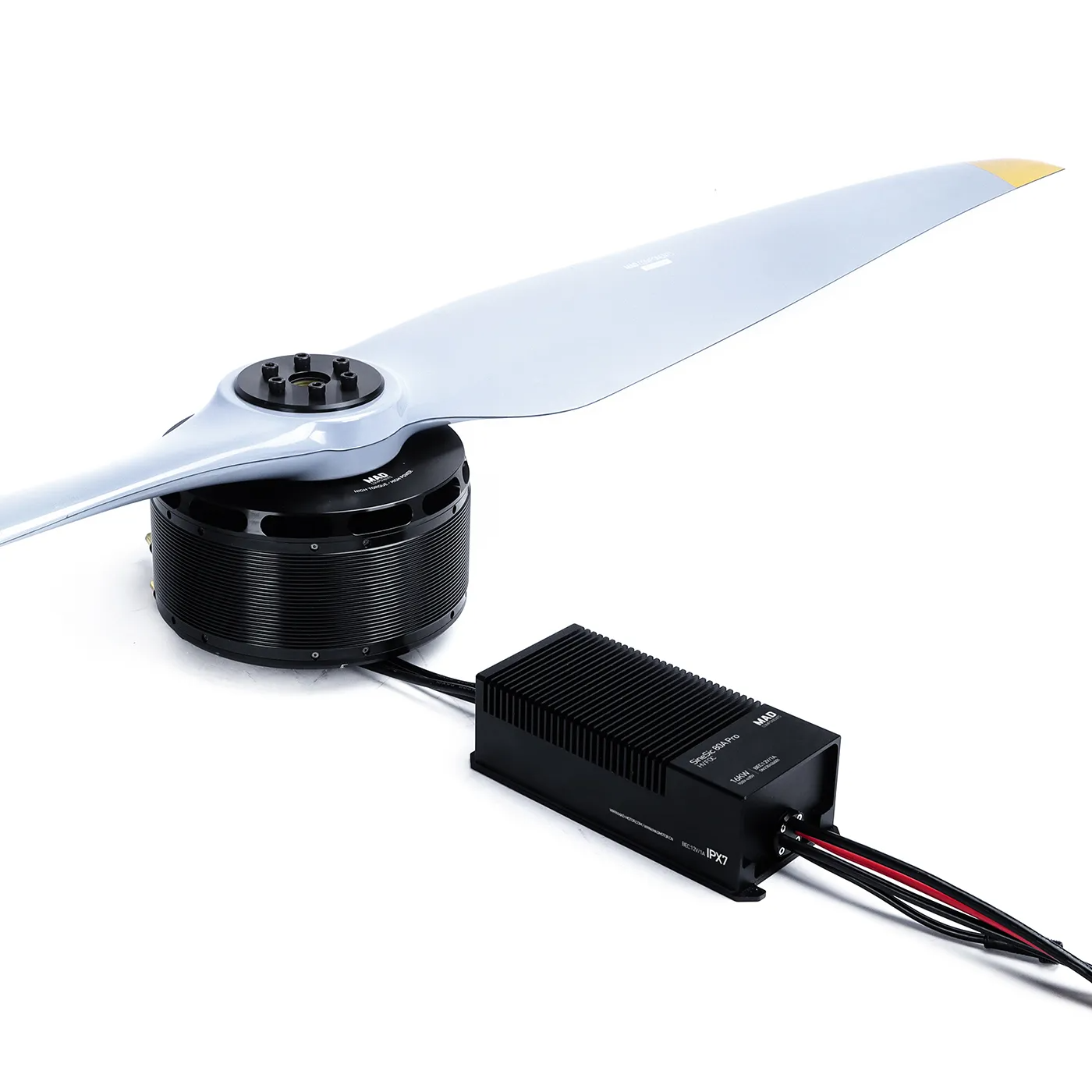 Drone power combo with large brushless motor, two-blade propeller, and wired ESC speed controller module