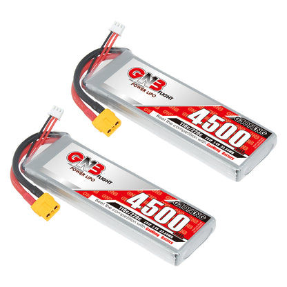 Two GAONENG 4500mAh 2S LiPo batteries shown with yellow XT60 connectors and balance leads