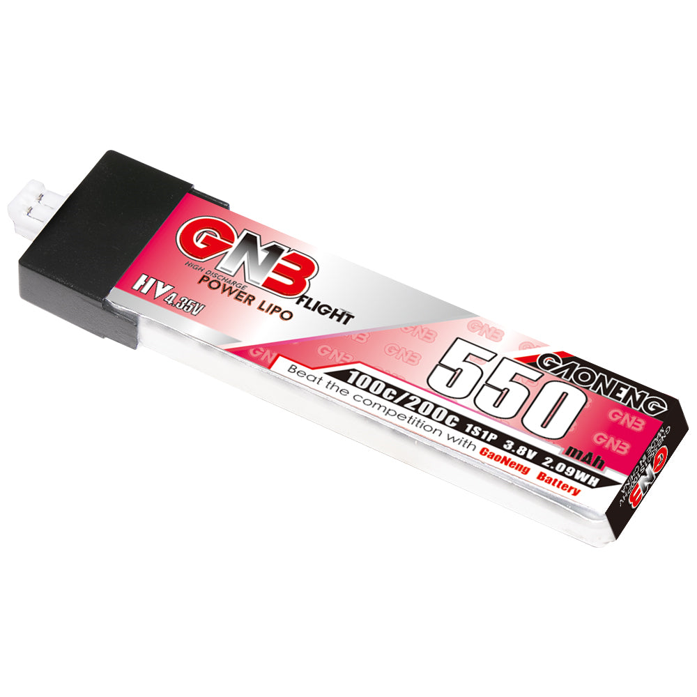 GNB 1S 550mAh LiHV 3.8V 100C battery, angled view showing PH2.0 connector and wrap label