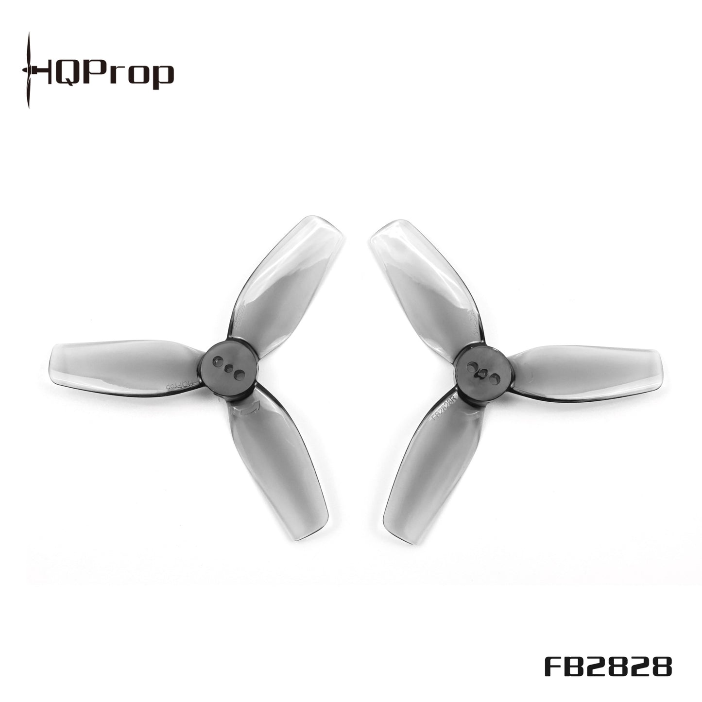 Two grey HQProp FB2828 3-blade 2.8x2.8 FPV drone propellers, top view with HQProp logo