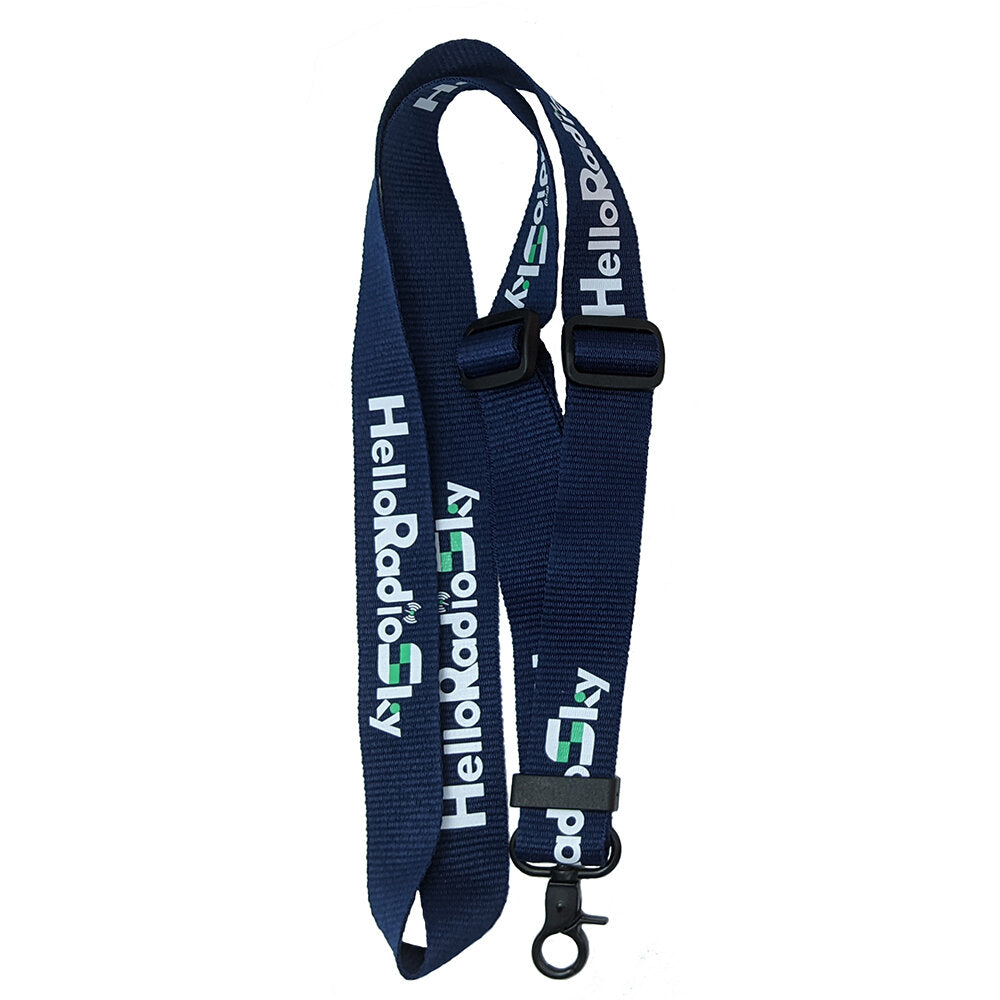 Navy HelloRadioSky transmitter neck strap with length adjusters and black swivel snap hook