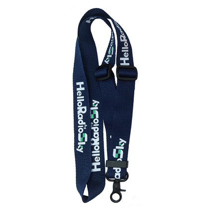 Navy HelloRadioSky transmitter neck strap with length adjusters and black swivel snap hook