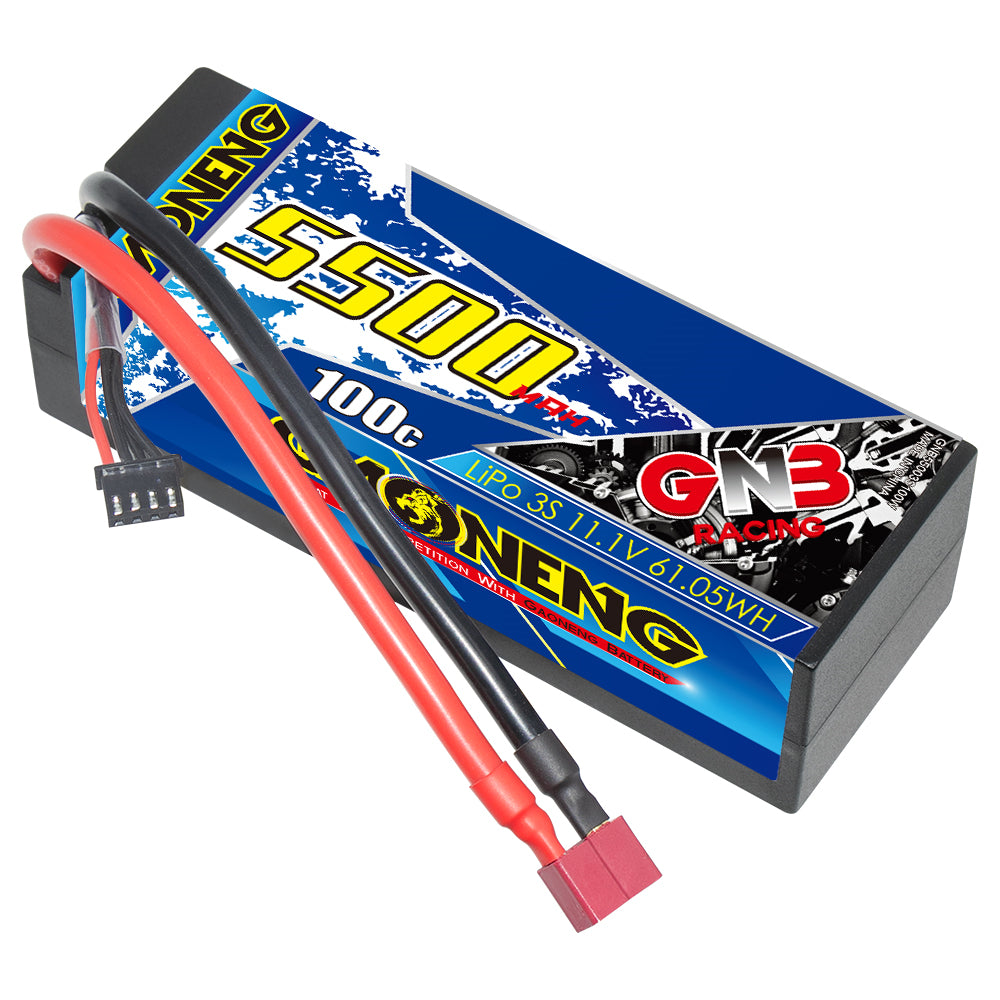 GNB 3S 11.1V 5500mAh 100C hard case LiPo battery with T-plug and balance lead, angled view
