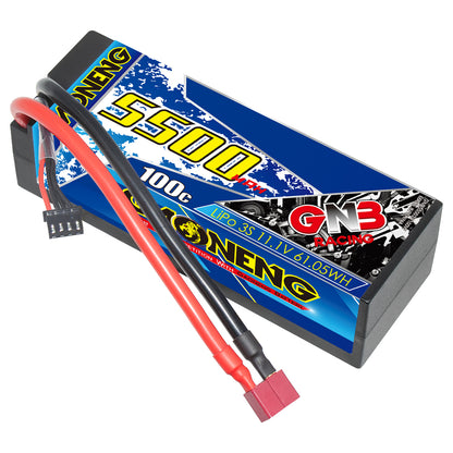 GNB 3S 11.1V 5500mAh 100C hard case LiPo battery with T-plug and balance lead, angled view