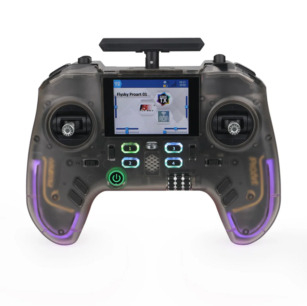 Flysky ProArt PA01 2.4GHz radio controller front view with color screen, dual sticks, numbered buttons