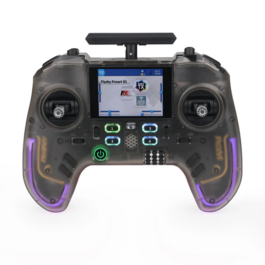 Flysky ProArt PA01 2.4GHz radio controller front view with color screen, dual sticks, numbered buttons