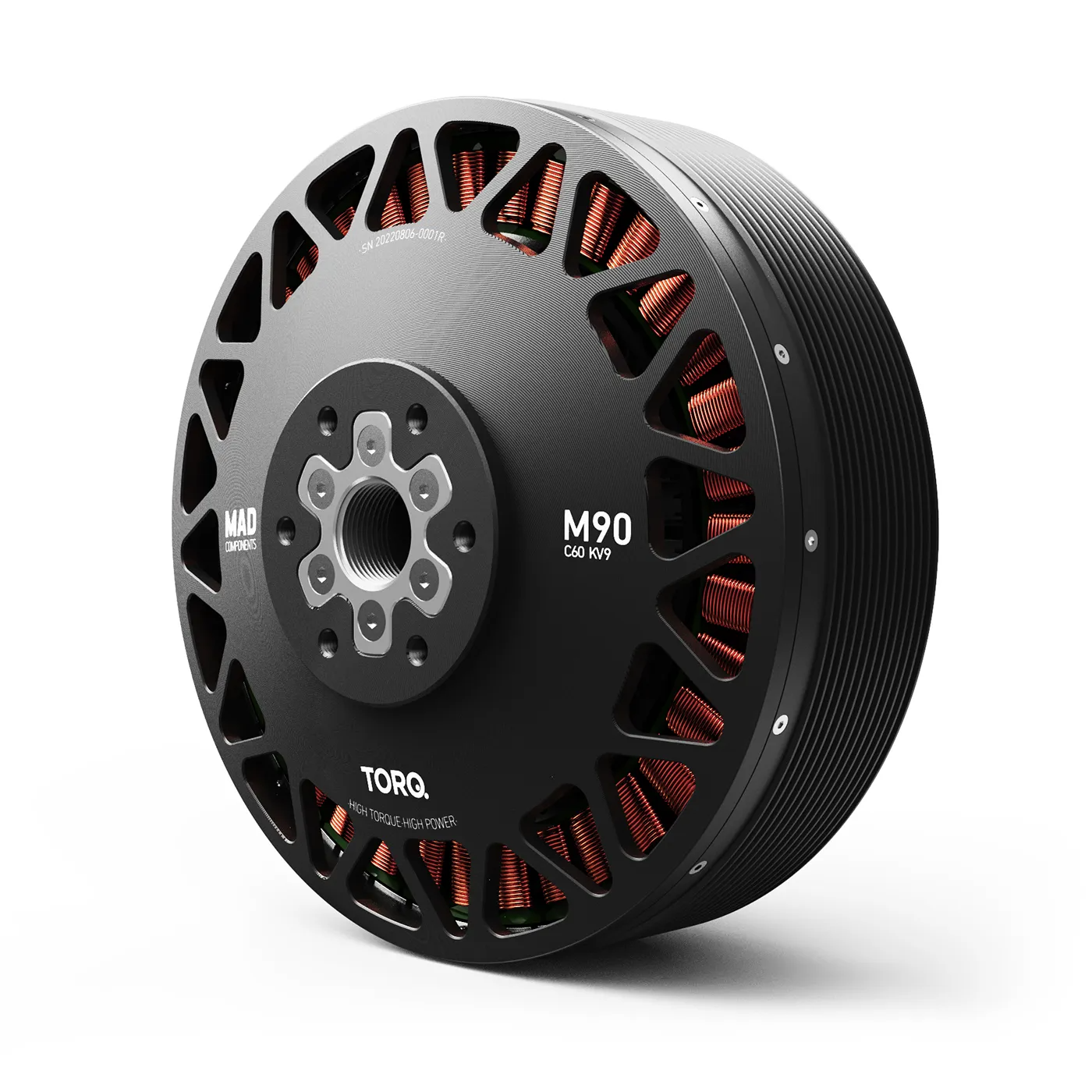 MAD M90C60 EEE 9KV Manned Drone Motor, MAD M90 C60 KV9 brushless drone motor with vented black housing and visible copper windings