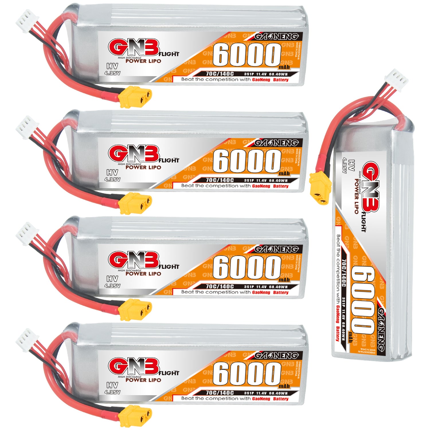 Four GNB HV 3S 6000mAh battery packs plus one standing side view, showing label and wiring