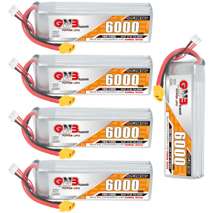 Four GNB HV 3S 6000mAh battery packs plus one standing side view, showing label and wiring