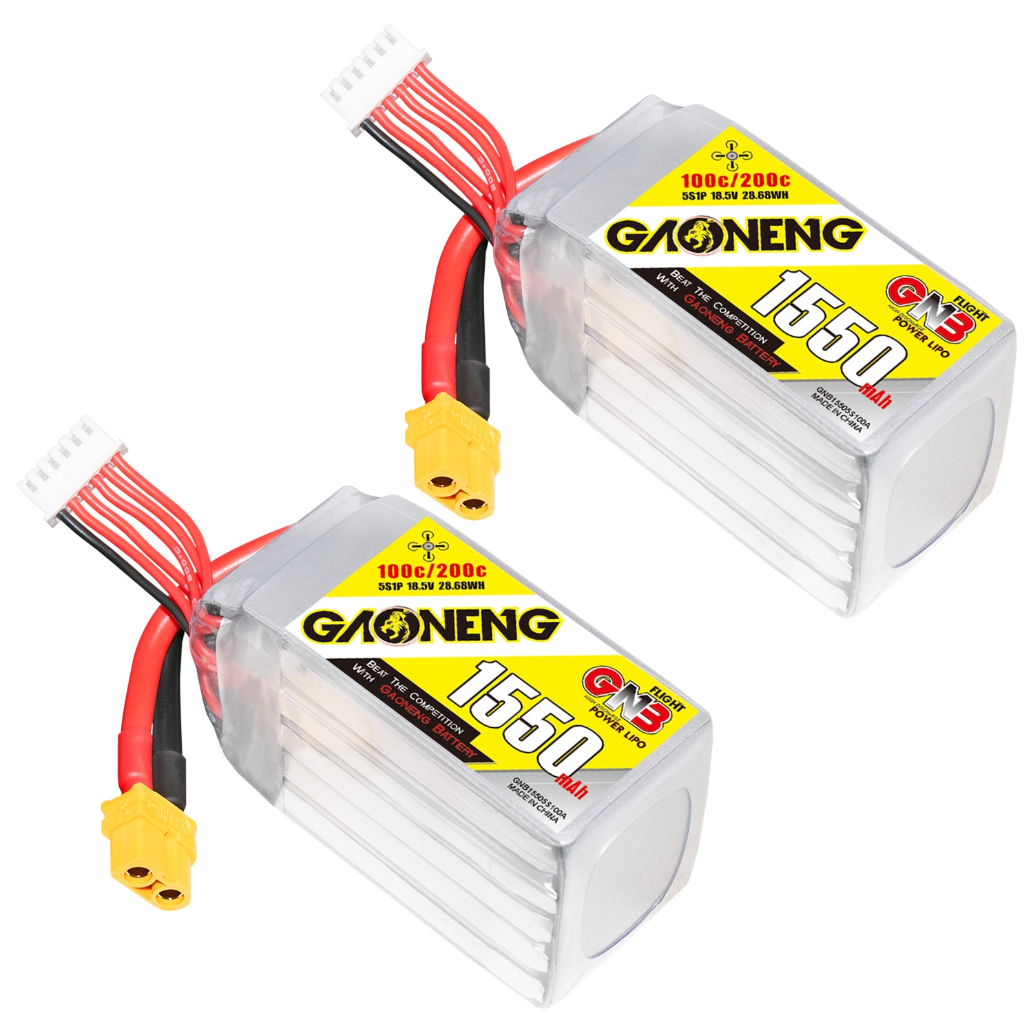 GAONENG GNB 5S 1550mAh 100C LiPo battery with XT60 connector shown in two angled product views