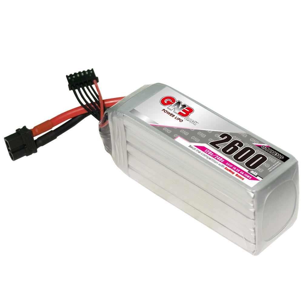 GAONENG GNB 2600mAh 5S LiPo battery angled front-side view with XT60 lead