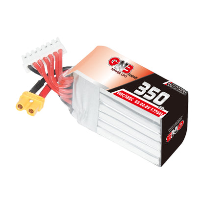 GNB 6S 350mAh LiPo battery angled view showing cell stack, XT30 plug and white balance connector