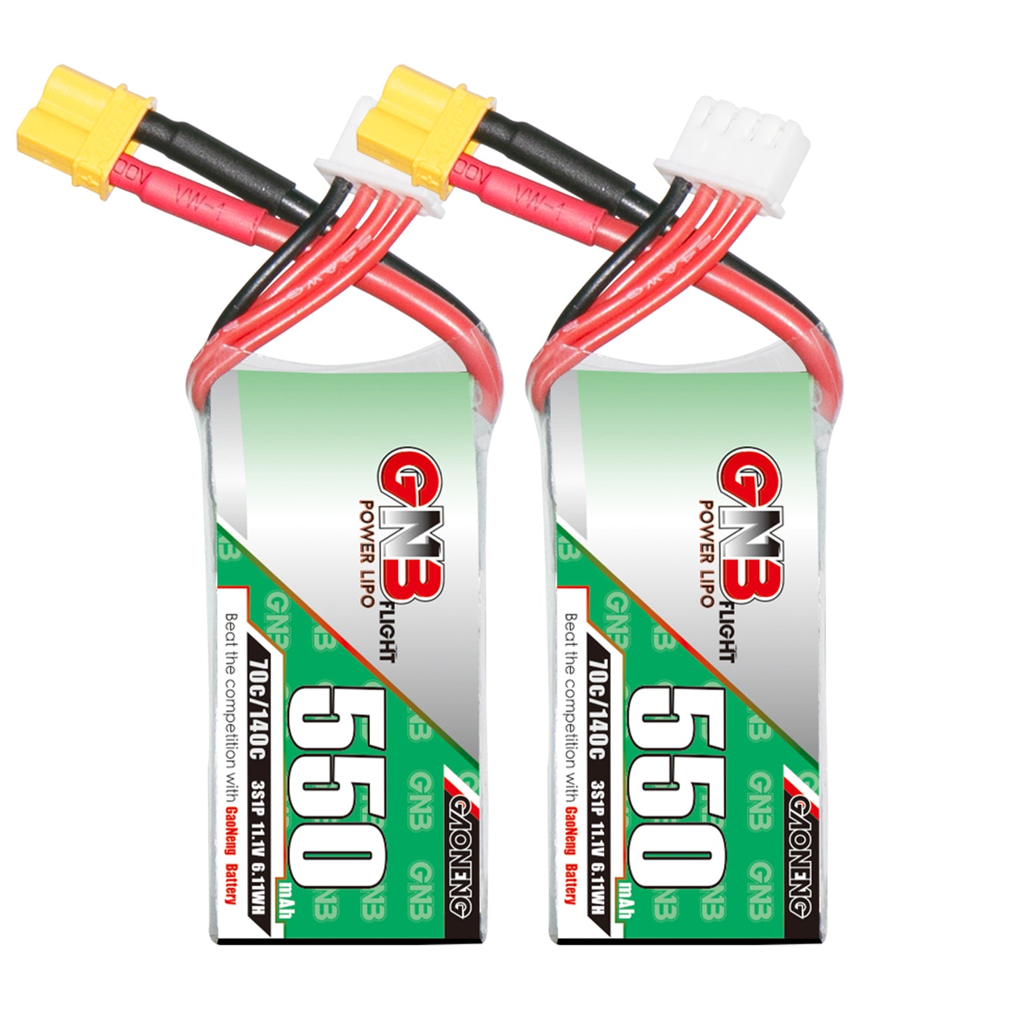 Two GAONENG GNB5503S70A 3S 11.1V 550mAh 70C LiPo batteries with XT30 and balance lead