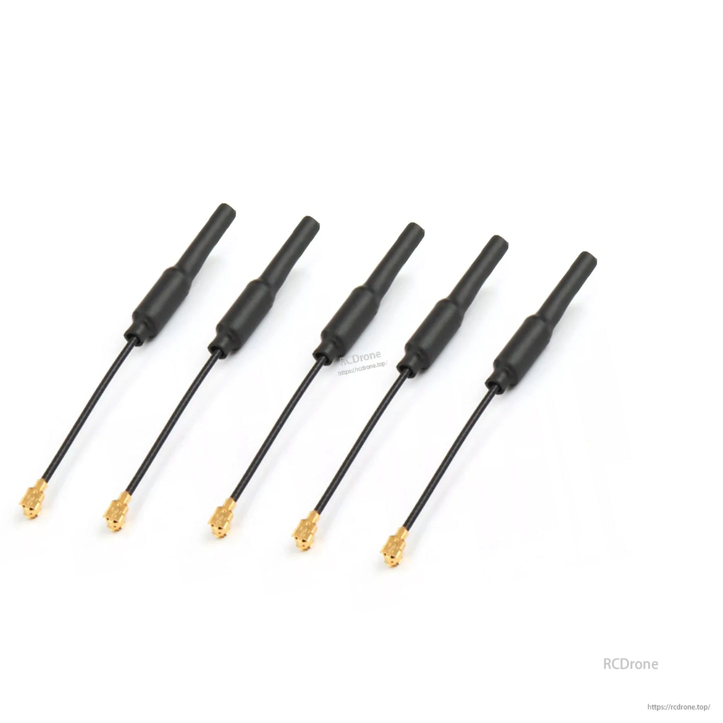 5pcs Flywoo 5.8G Light 3dBi Brass Antenna, Set of five Flywoo 5.8GHz light FPV whip antennas with black housings, coax leads, and gold U.FL connectors