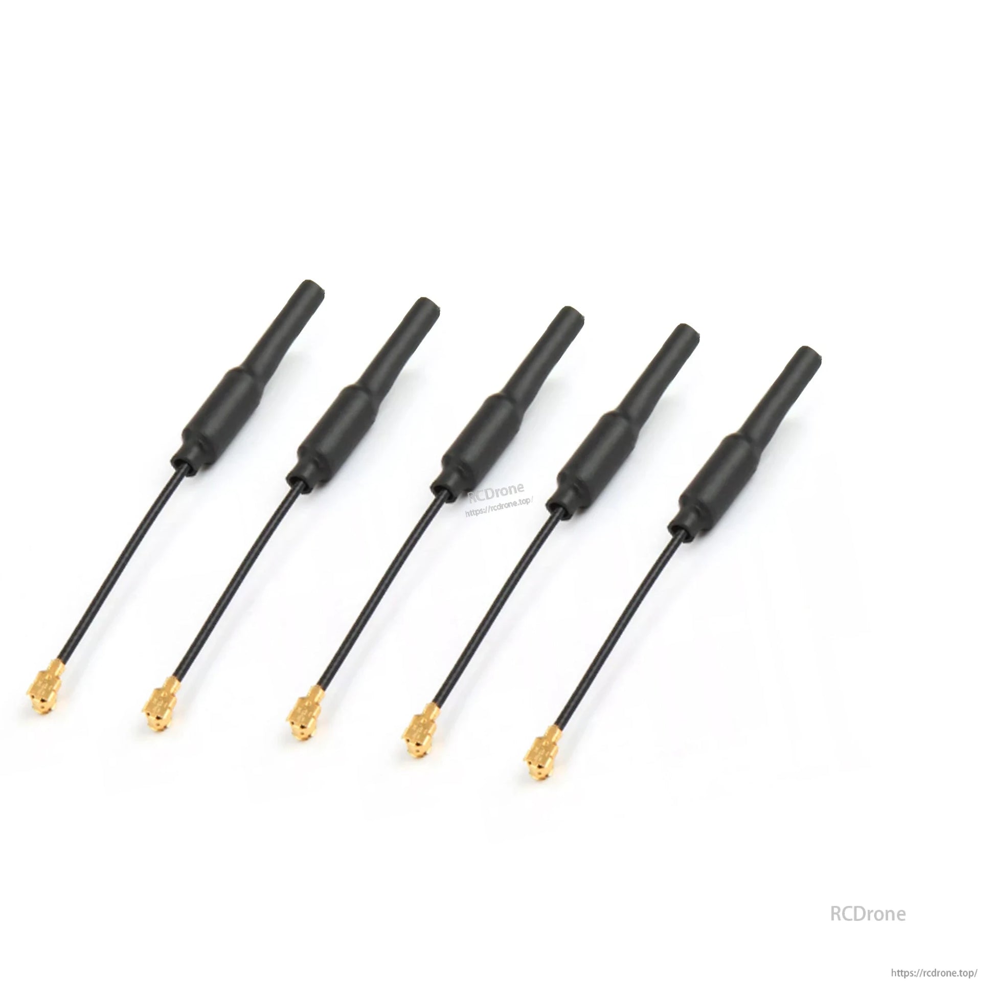 5pcs Flywoo 5.8G Light 3dBi Brass Antenna, Set of five Flywoo 5.8GHz light FPV whip antennas with black housings, coax leads, and gold U.FL connectors