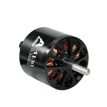 Flashhobby A4130 530KV Brushless Motor, Flashhobby A4130 530KV brushless outrunner motor with black housing, visible copper windings, and threaded shaft
