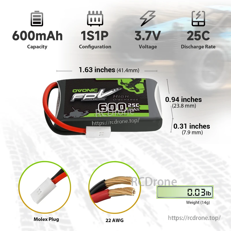 OVONIC 600mAh 1S LiPo Battery with Molex plug, 25C discharge, dimensions 41.4×23.8×7.9 mm
