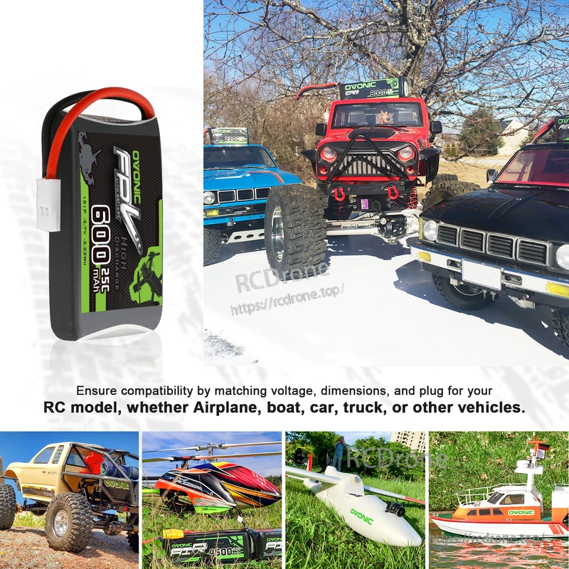 OVONIC 600mAh 1S battery application collage for RC vehicles; reminder to match voltage, size, and plug