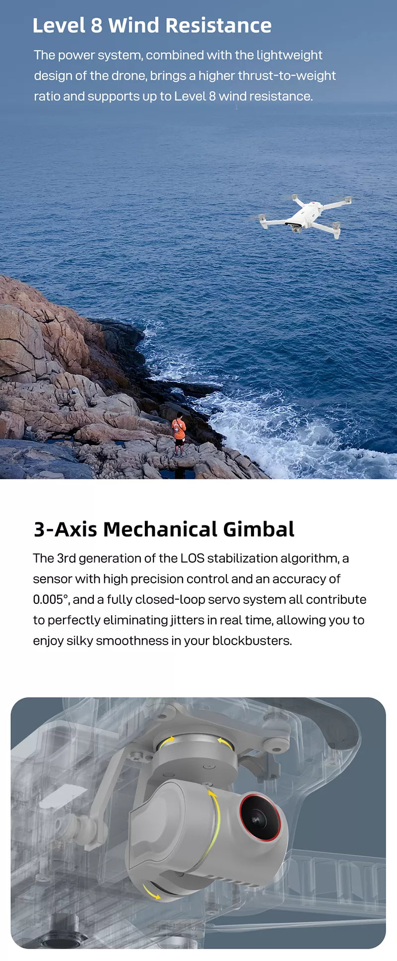 FIMI X8 SE 2022 Drone, 3rd generation of the LOS stabilization algorithm; a sensor with high precision control