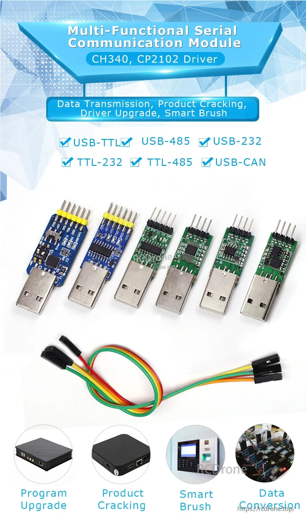 Promotional graphic for multi‑functional USB serial communication modules (mentions CH340/CP2102 drivers)
