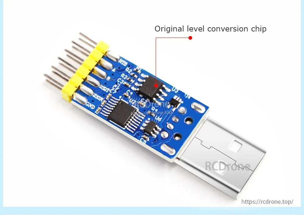 Close-up of a CH340-based USB serial converter board highlighting the level conversion chip