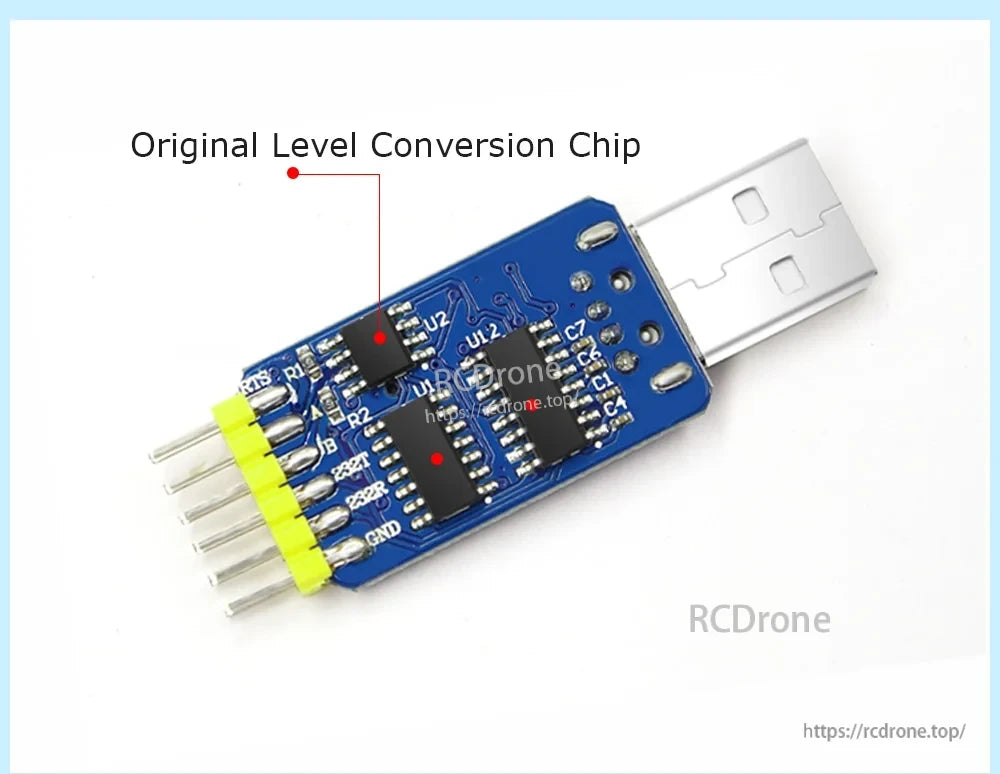 Back side of CP2102 USB to serial converter highlighting the onboard level conversion chip