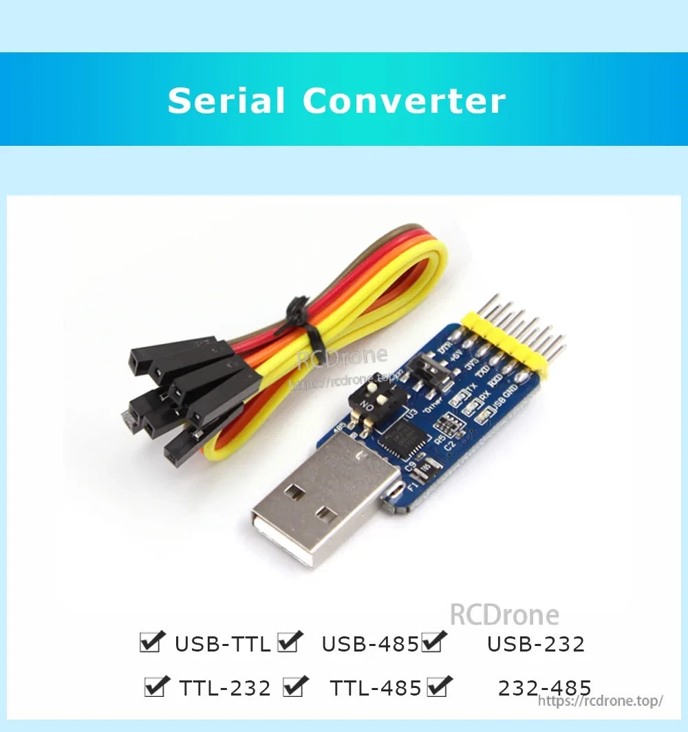WitMotion CP2102 6‑in‑1 USB to serial converter with jumper wires, USB‑TTL/RS232/RS485 modes listed