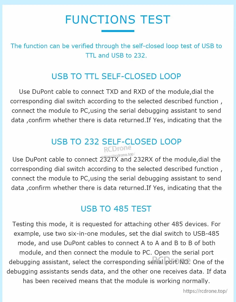 Function test instructions for CP2102 converter: USB‑TTL and USB‑RS232 loopback plus USB‑RS485 test steps