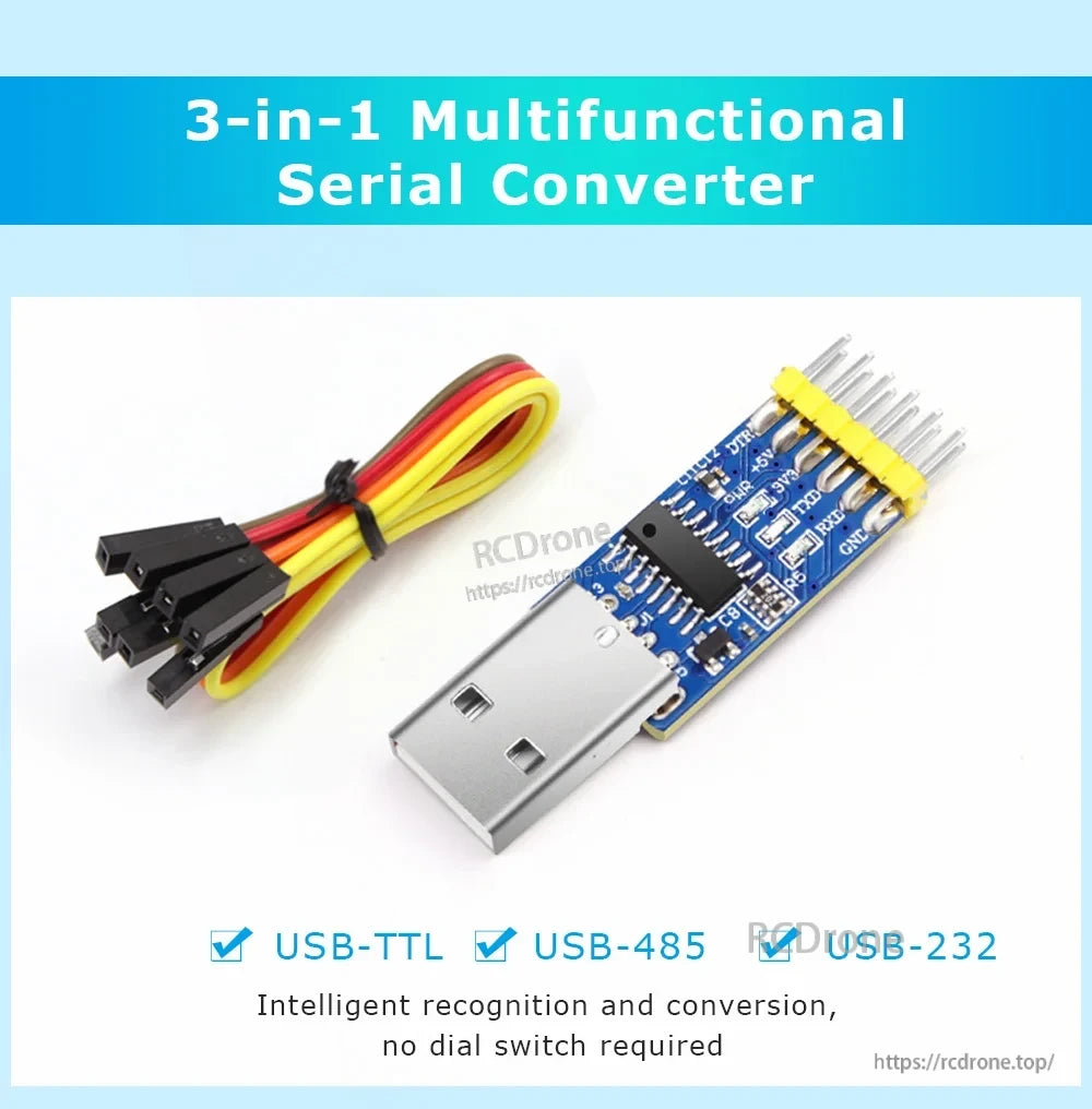 3‑in‑1 multifunctional serial converter graphic with jumper wires, listing USB‑TTL, USB‑485, and USB‑232