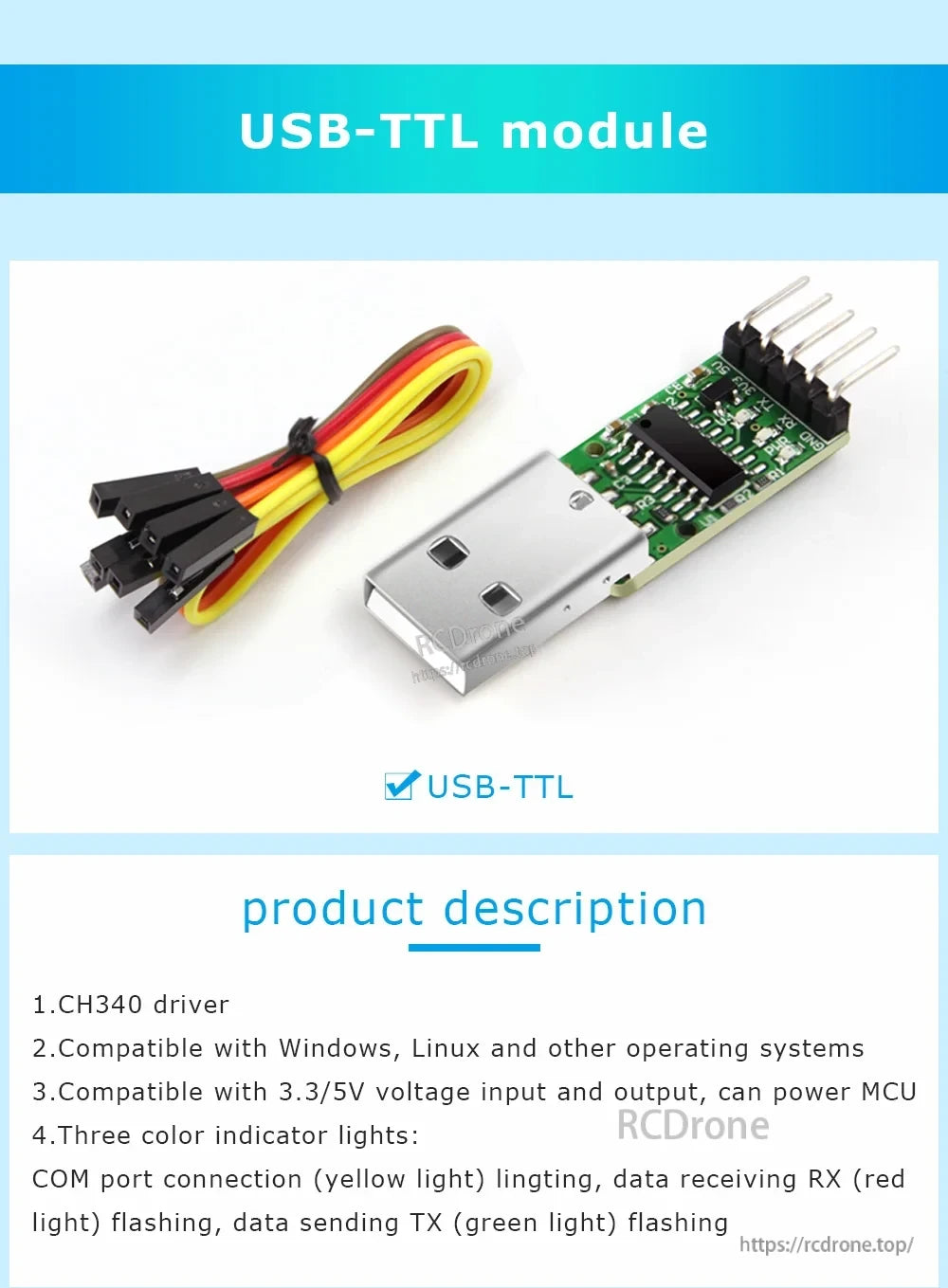 USB‑TTL module product image (green board) with jumper wires; text mentions CH340 driver and 3.3V/5V support