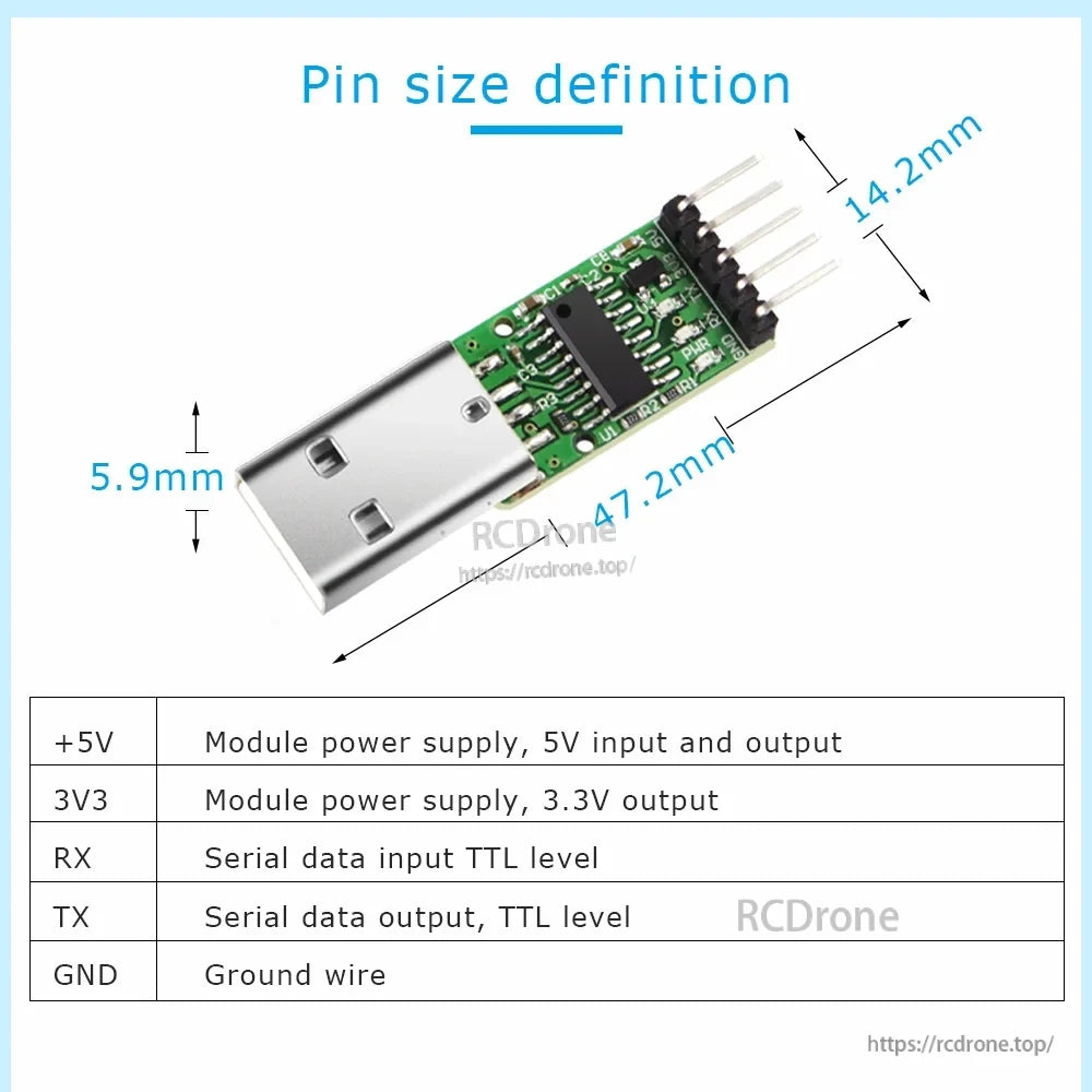 Pin size definition chart for green USB‑TTL module showing dimensions and +5V, 3V3, RX, TX, GND pinout
