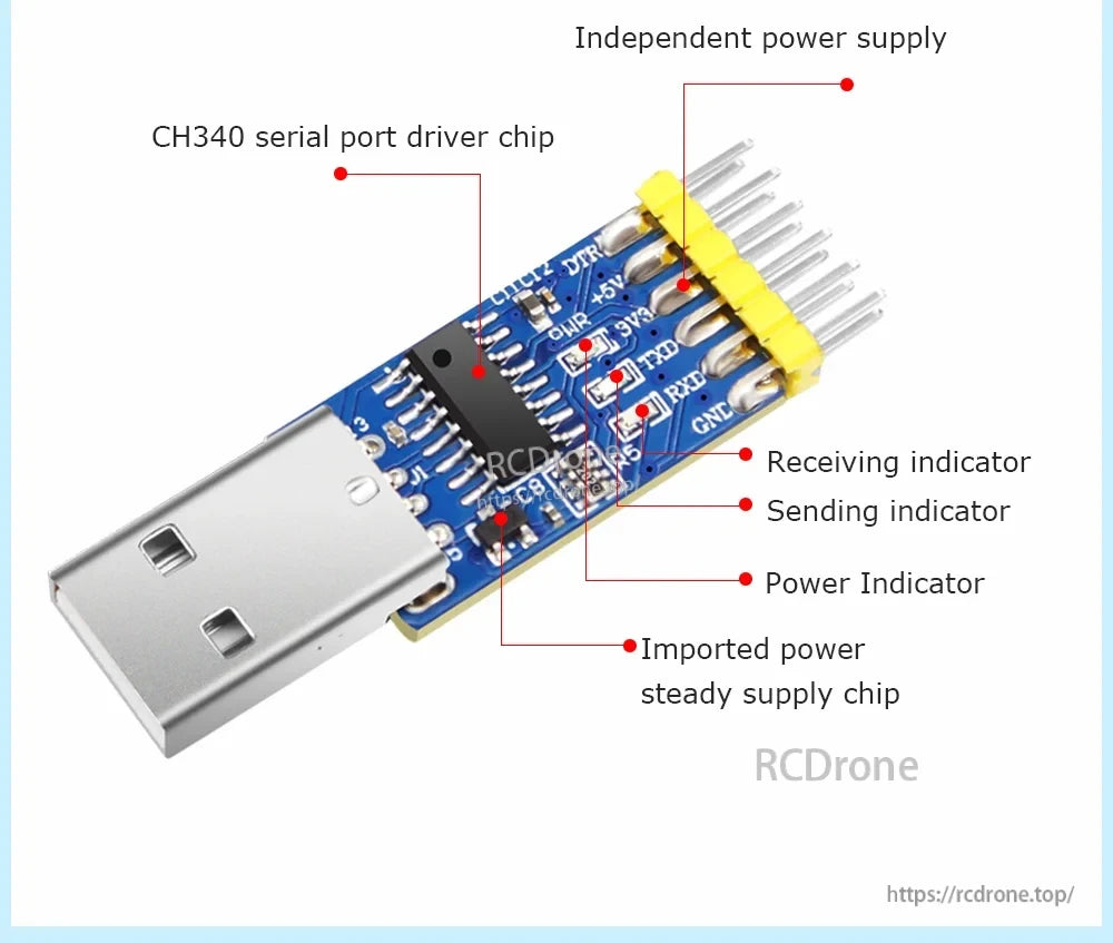 CH340 USB serial converter board labeled with power supply, RX/TX indicators, and driver chip callouts