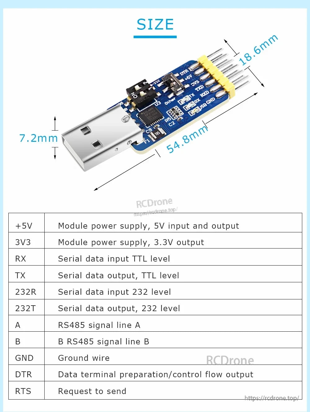 CP2102 6‑in‑1 USB‑serial converter dimensions (54.8×18.6×7.2mm) with pin definitions table