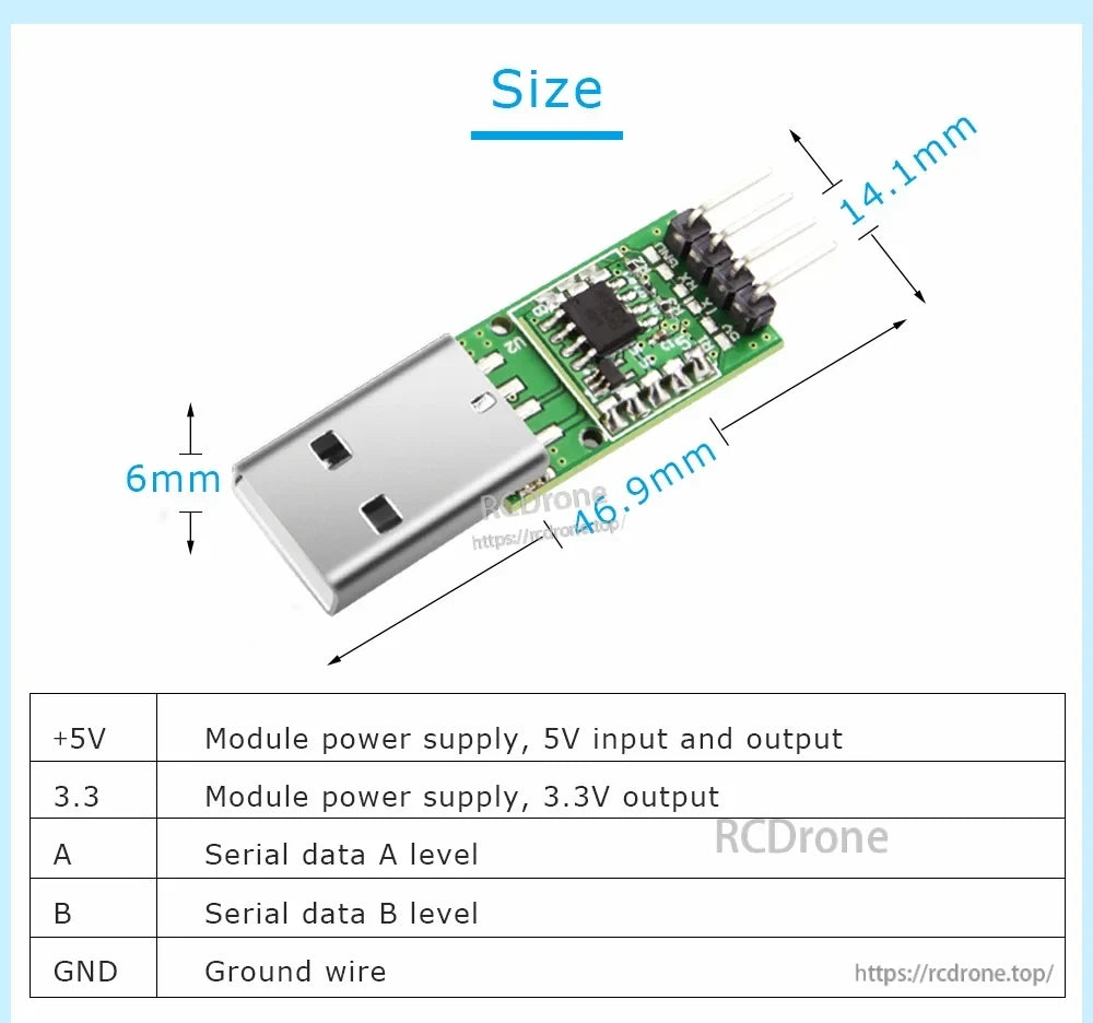 USB to serial converter module with USB plug and 5-pin header, labeled +5V, 3.3V, A, B and GND
