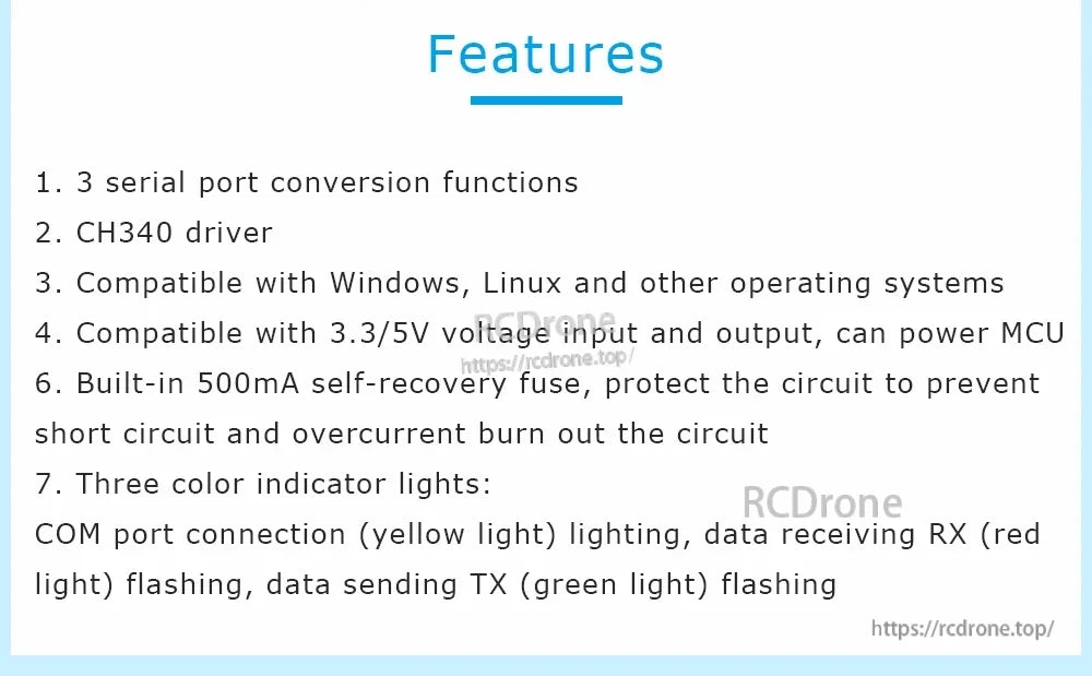 Features text slide for a CH340 3‑in‑1 serial converter, listing OS compatibility, 3.3V/5V, fuse, and LED indicators