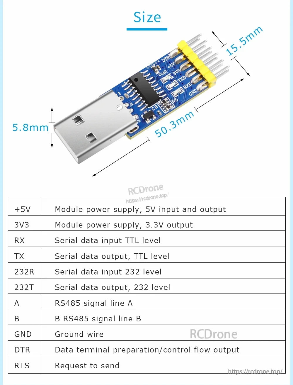 Size and pin definition chart for CH340 USB serial module (50.3×15.5×5.8mm) with RS232/RS485 pins listed