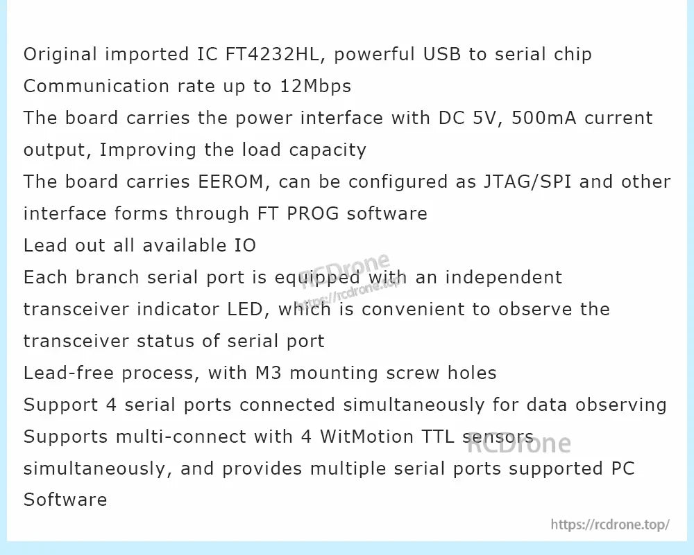Spec sheet text for FT4232HL USB-to-serial board: up to 12Mbps, 5V 500mA output, EEPROM, and 4 ports