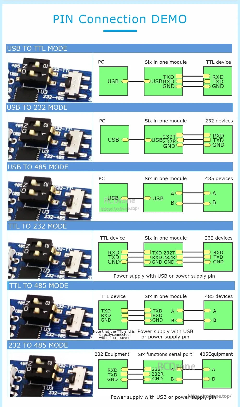 Pin connection demo chart for 6‑in‑1 module: USB‑TTL, USB‑232, USB‑485, TTL‑232, TTL‑485, and 232‑485 wiring