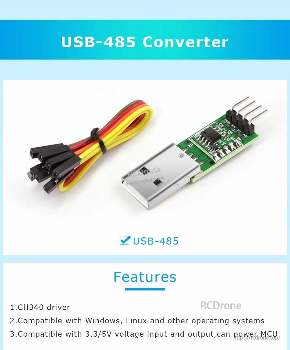 USB to RS485 converter adapter with CH340 driver, USB-A plug, small PCB and 4-wire Dupont cable