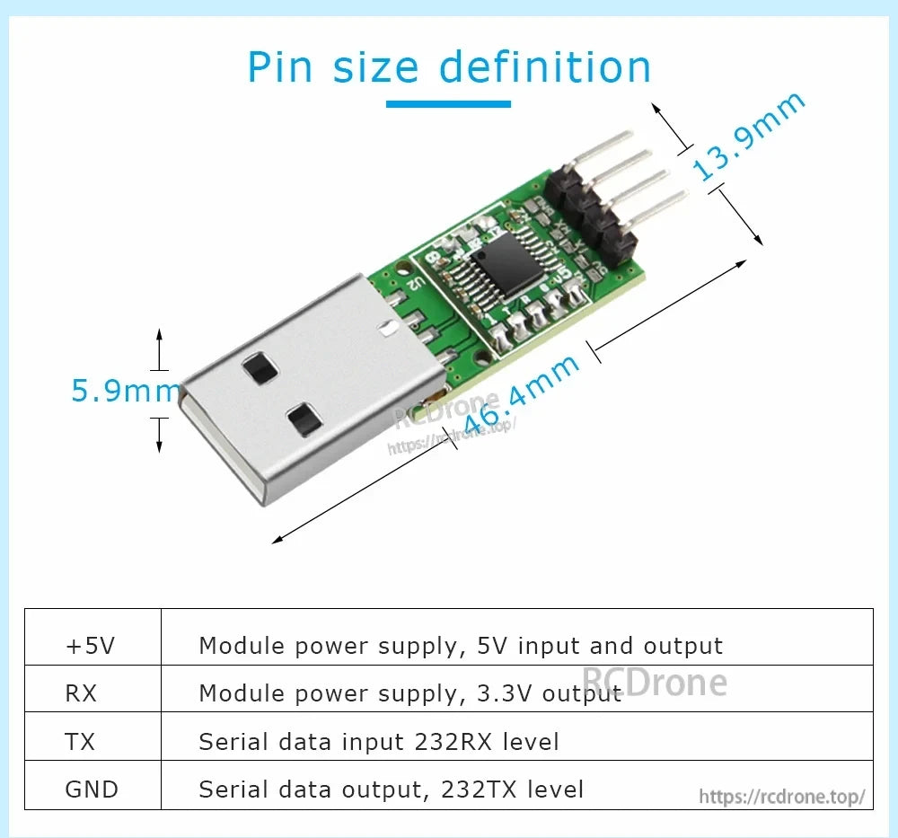 WitMotion CP2102 USB to serial converter module with USB plug and 4-pin header, 46.4mm x 13.9mm