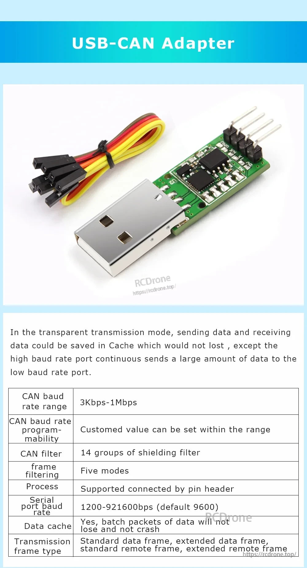 USB-CAN adapter board with USB-A plug, pin header connector, and included jumper cable for CAN bus wiring