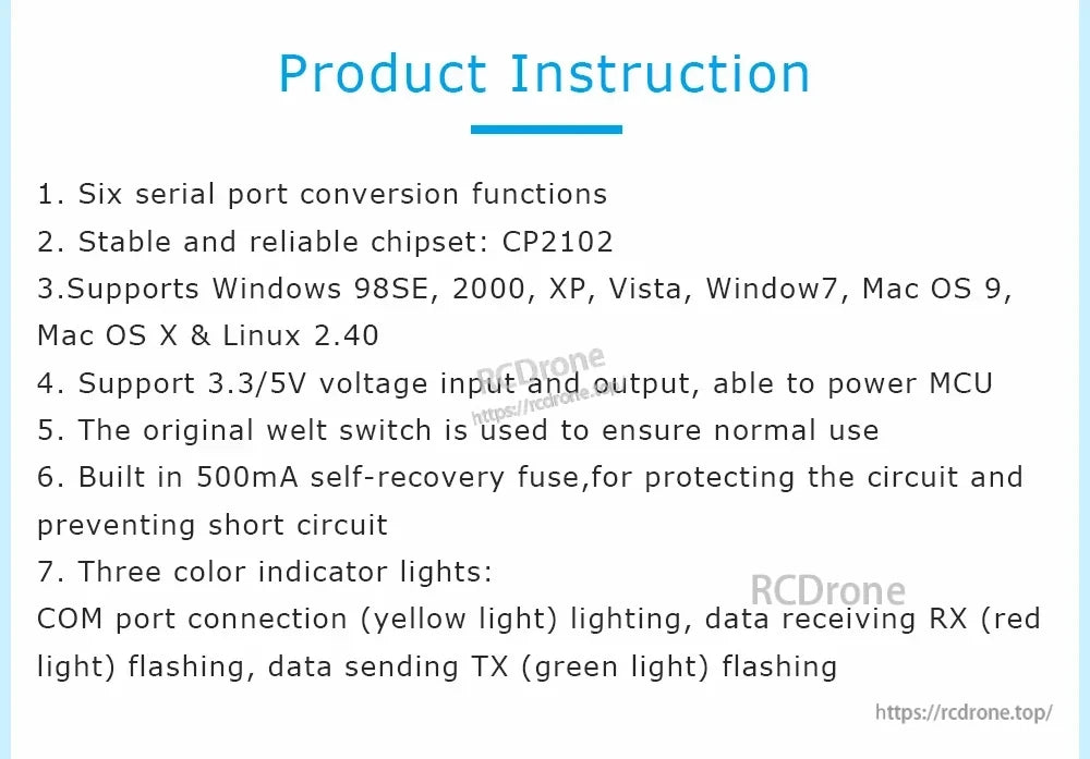 CP2102 6‑in‑1 serial converter instruction card listing OS support, 3.3V/5V power, fuse, and RX/TX LEDs