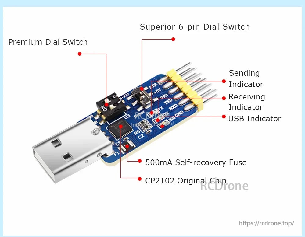 CP2102 USB to serial board labeled with 6‑pin dial switch, mode switch, RX/TX/USB indicators, and 500mA fuse