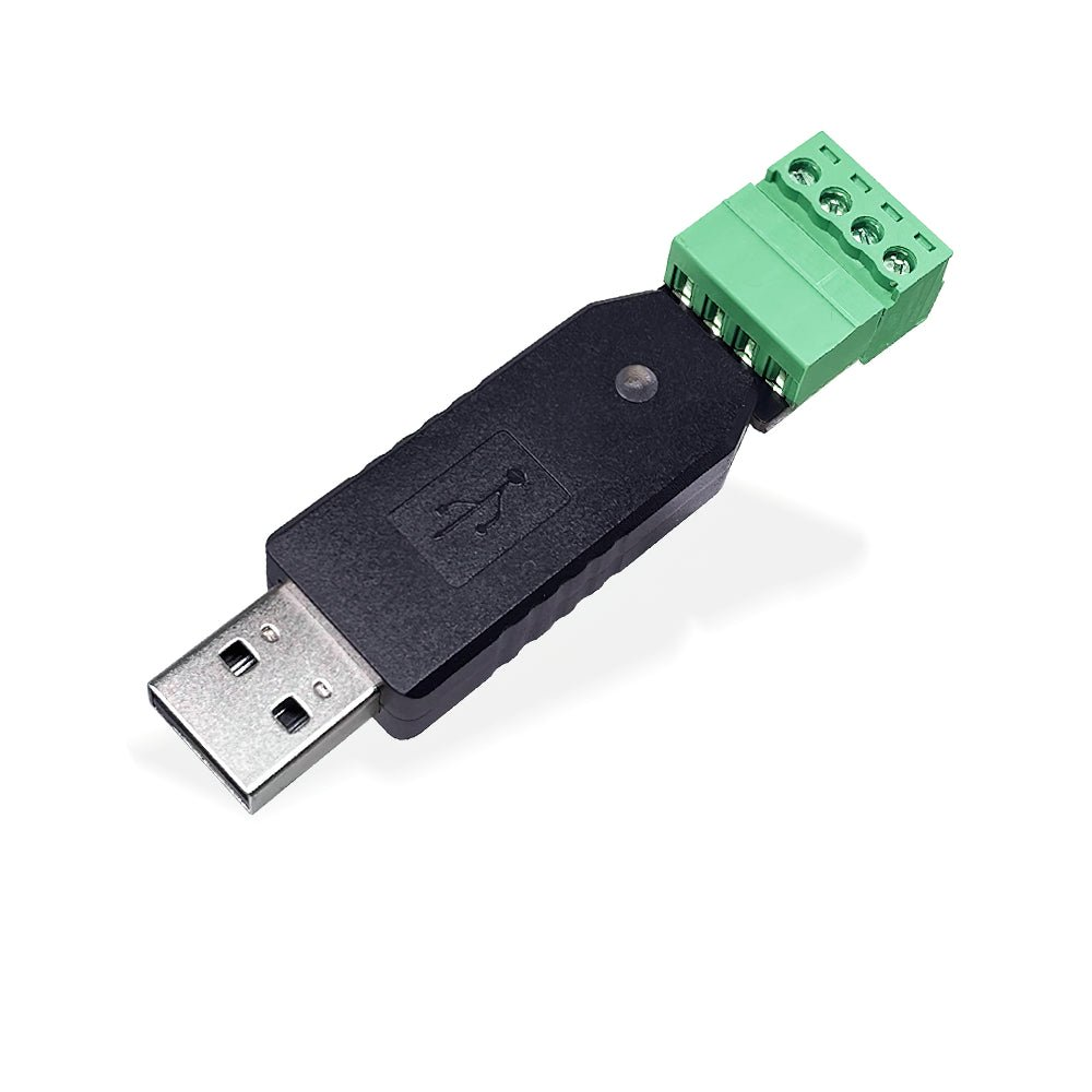 6-in-1 USB to serial converter dongle with green screw terminal adapter, black housing