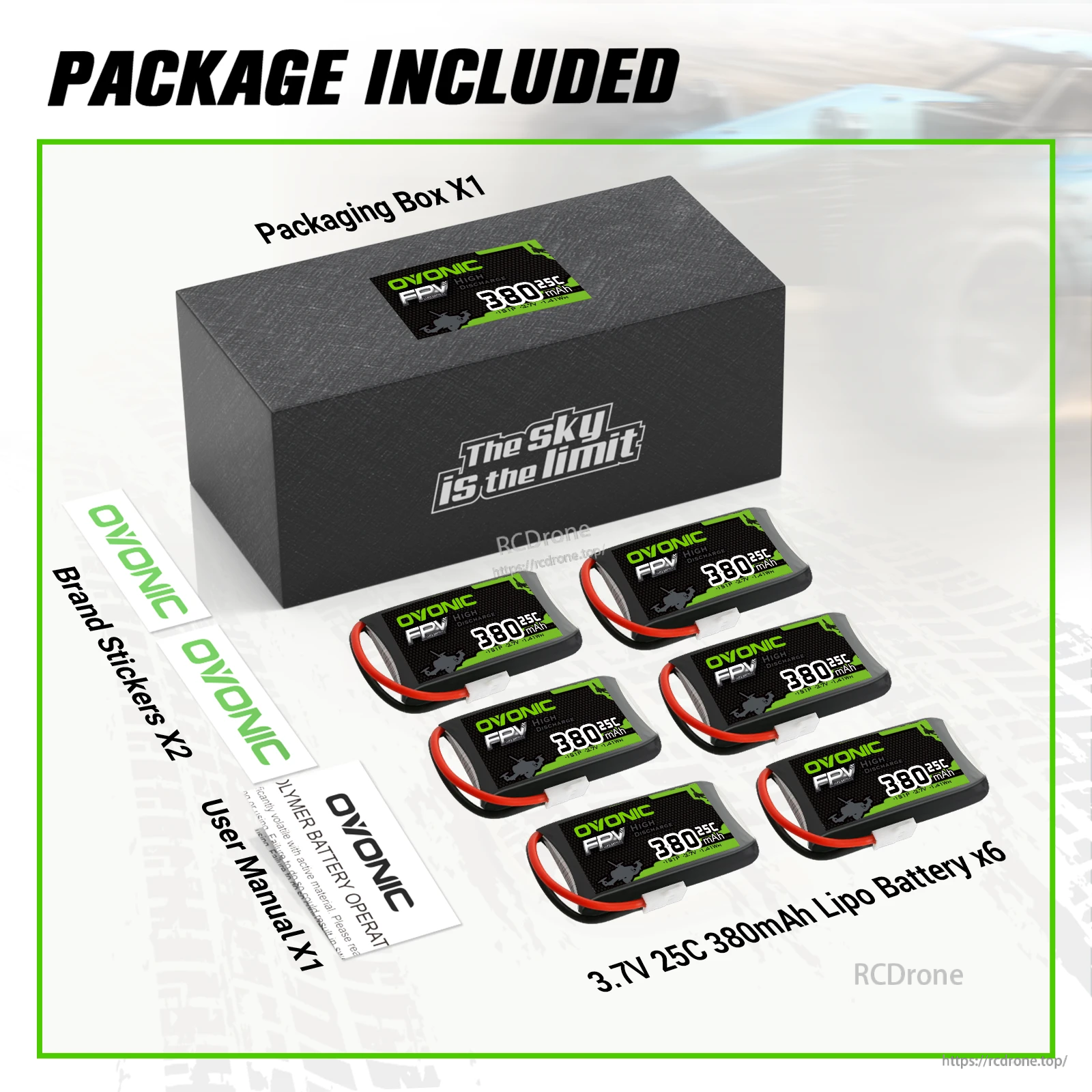 Package contents: six OVONIC 3.7V 25C 380mAh LiPo batteries, packaging box, user manual, and brand stickers