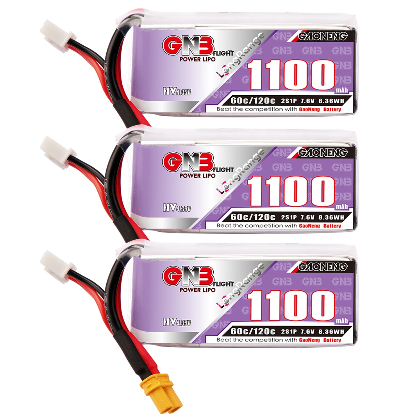 Three GNB LiHV 2S 1100mAh packs side view showing label and discharge rating 60C/120C