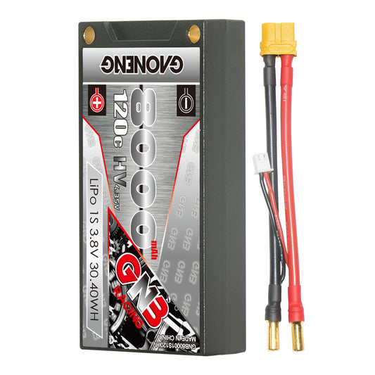 GAONENG GNB 1S 3.8V 8000mAh 120C hard case LiHV LiPo battery with leads and 5mm bullets