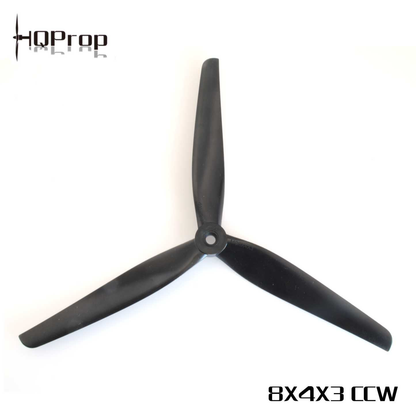 HQProp 8x4x3 CCW three-blade propeller, black, with printed 8X4X3 CCW label