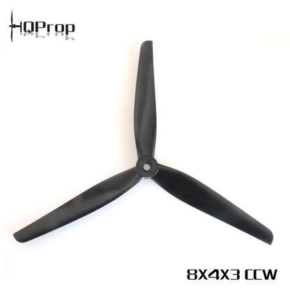 HQProp 8x4x3 CCW three-blade propeller, black, with printed 8X4X3 CCW label